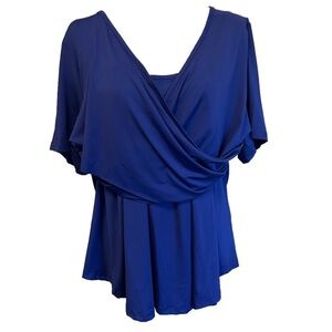 Crisscross Front Short Sleeve Blue Pullover Blouse 3XL